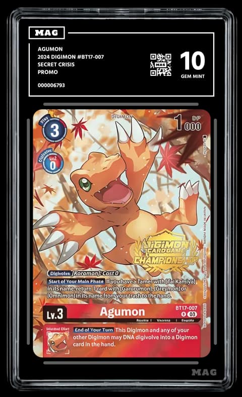 Back of a MAG slab holding an Agumon Digimon Championship card, QR label visible