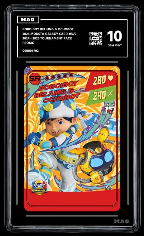 Back of a MAG slab holding a BoBoiBoy Beliung & Ochobot card, QR label visible
