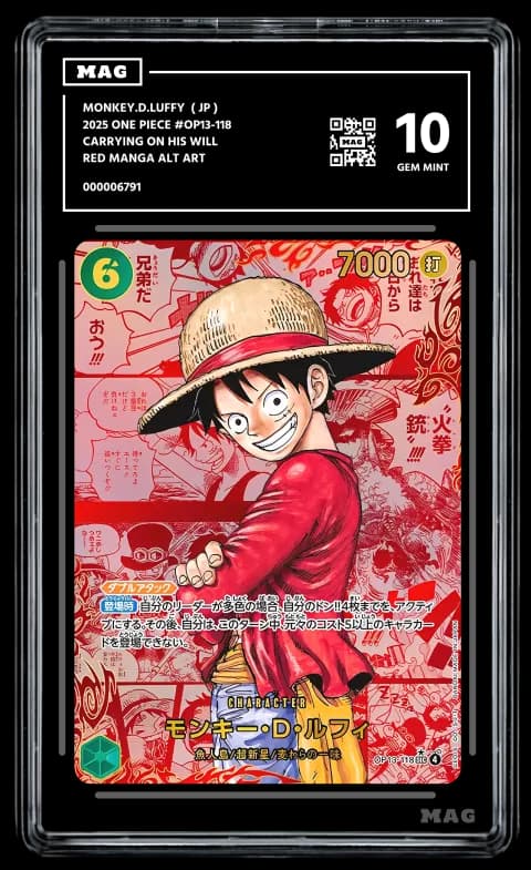 Back of a MAG slab holding a Monkey D. Luffy One Piece card, QR label visible