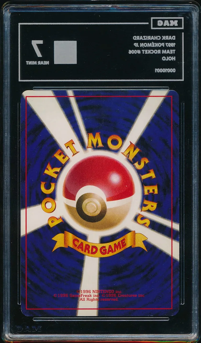 A MAG-graded slab: Dark Charizard, 1997, certificate MAG-00010001, graded MAG 7 Near Mint. — back